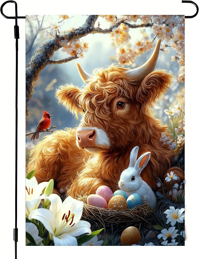 Easter Garden Flags for Outside 12x18 Double Sided, Small Burlap Farmhouse Bunny Highland Cow Garden Flag Easter Outdoor Decorations Yard Garden Patio Porch Decor for Women Garden Lovers