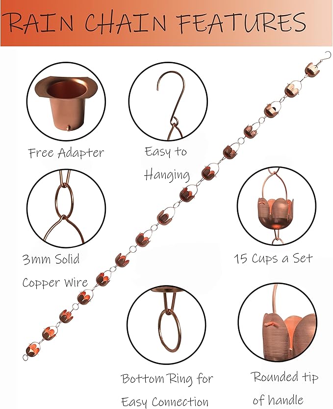 Pure Copper Garden rain Chain-Functional and Decor Replacement for Gutter Downspouts. Decor Rain Chime and Fountain. Lotus Design. One Free Adapter. 8.5 ft Length and 3 in Diameter,TF96325