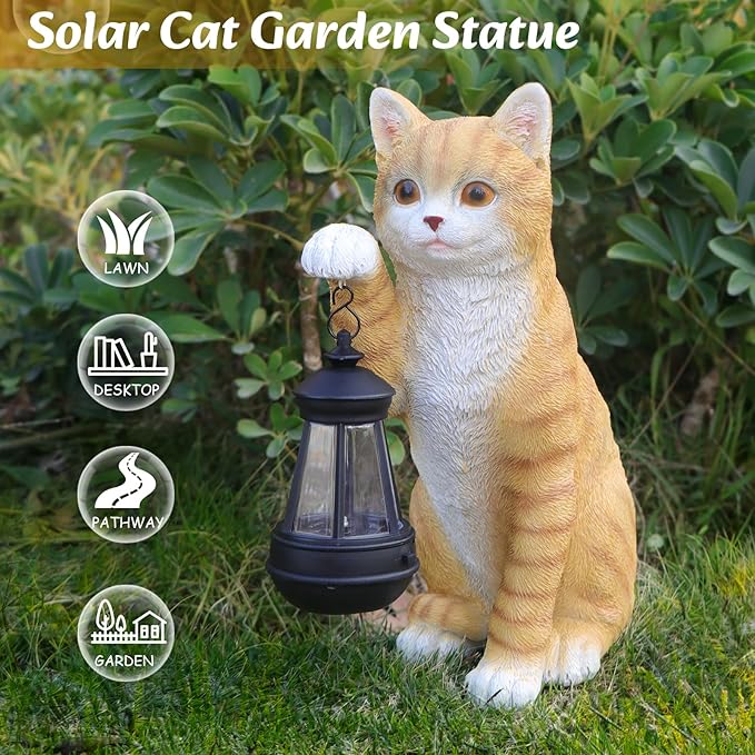 WONDER GARDEN Solar Cat Garden Statue - Outdoor Cat Statues, Cat Figurines with Solar Lantern Light for Patio, Yard, Lawn, Gardening Gifts for Women and Mom(11" Orange Cat)