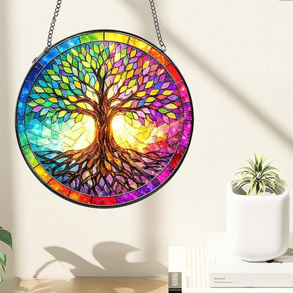 Tree Stained Glass Suncatcher, 8" Round Tree Window Hanging with Metal Chain, Colorful Decorative Glass Art for Home Garden, Gift for Mom and Grandma