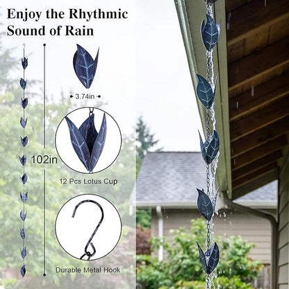 Rain Chain Decoration 8.5 FT., Rain Catcher Chain Gutter Downspout 102'' for House Eaves, Garden & Home, Leaf Shape Rain Chains