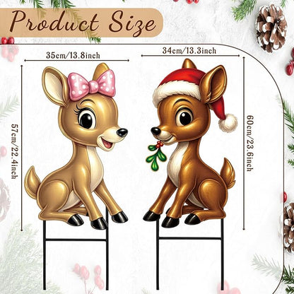 Moxweyeni 2 Pcs Outdoor Reindeer Christmas Decoration Cute Deer Sign Large Metal Reindeer Yard Sign with Stakes Christmas Farmhouse Deer Figurines for Lawn Garden Holiday Display