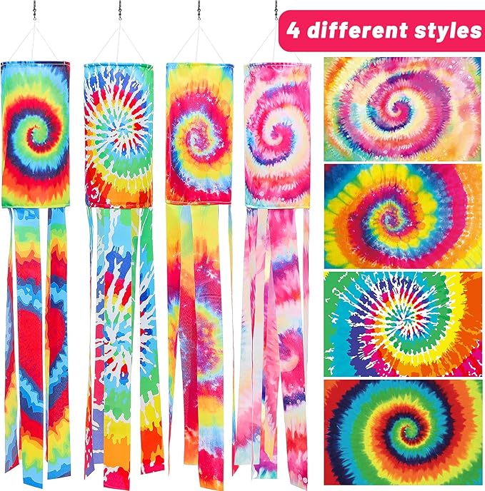 Moukeren 4 Pieces Tie Dye Windsock Flag Rainbow Color Tails Design Rainbow Windsock Flag Outdoor Hanging Decoration for Home Yard Garden Balcony Decoration(40 Inch)