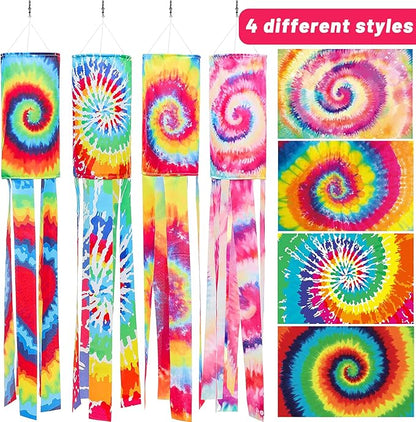 Moukeren 4 Pieces Tie Dye Windsock Flag Rainbow Color Tails Design Rainbow Windsock Flag Outdoor Hanging Decoration for Home Yard Garden Balcony Decoration(40 Inch)