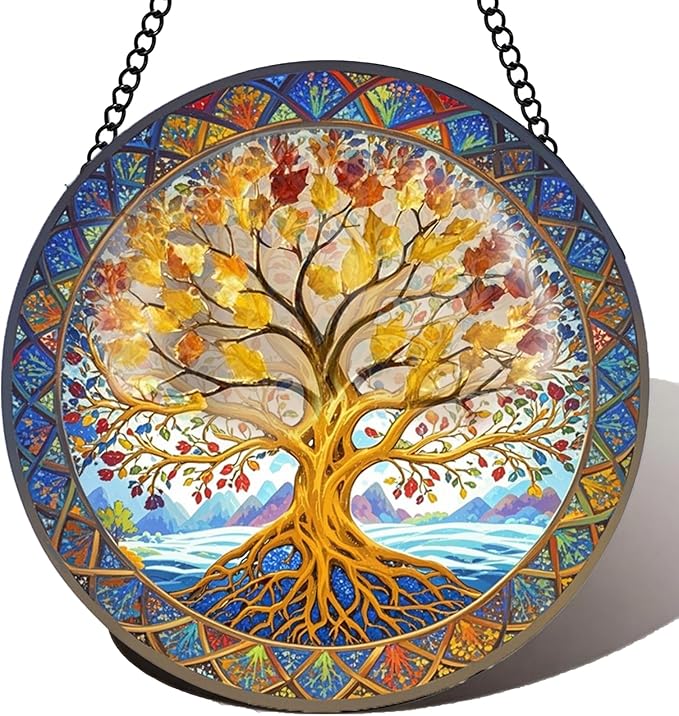 Stained Glass Window Hanging Tree of Life Suncatcher 8 Inch, Indoor Outdoor Wall Art Home Decor, Sun Catchers, Birthday for Women Men