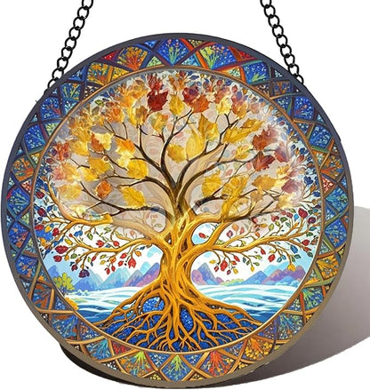 Stained Glass Window Hanging Tree of Life Suncatcher 8 Inch, Indoor Outdoor Wall Art Home Decor, Sun Catchers, Birthday for Women Men