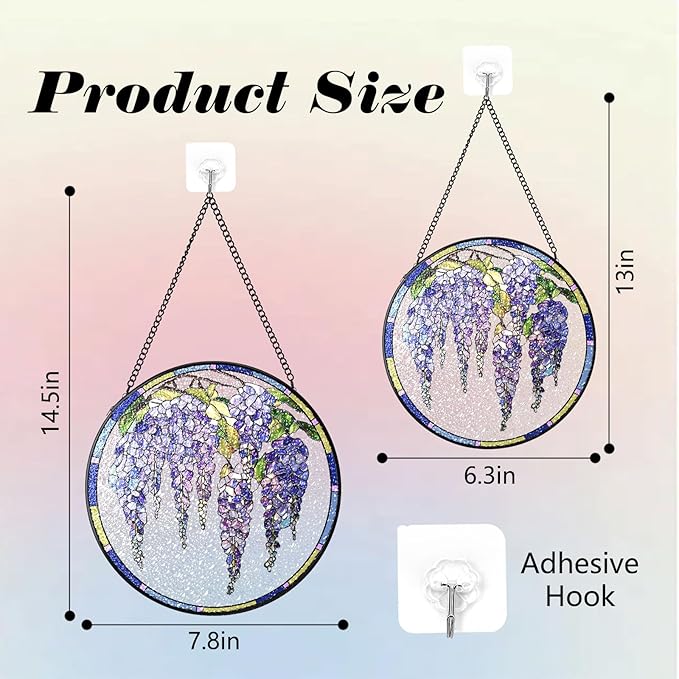 Stained Glass Suncatchers Window Hanging, Wisteria Flower Sun Catchers Indoor Window Stained Glass Hanging Garden Decor, Birthday Gifts for Mom Grandma Aunt Sister Bestie 6.3 in