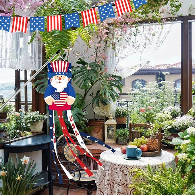40 Inches Uncle Sam Windsock Decoration, Patriotic USA Themed Hanging Outdoor Wind Sock Ornament with Red, White, Blue Streamers, 'USA' Lettering, and Stars for 4th of July, Memorial Day, Veterans Day