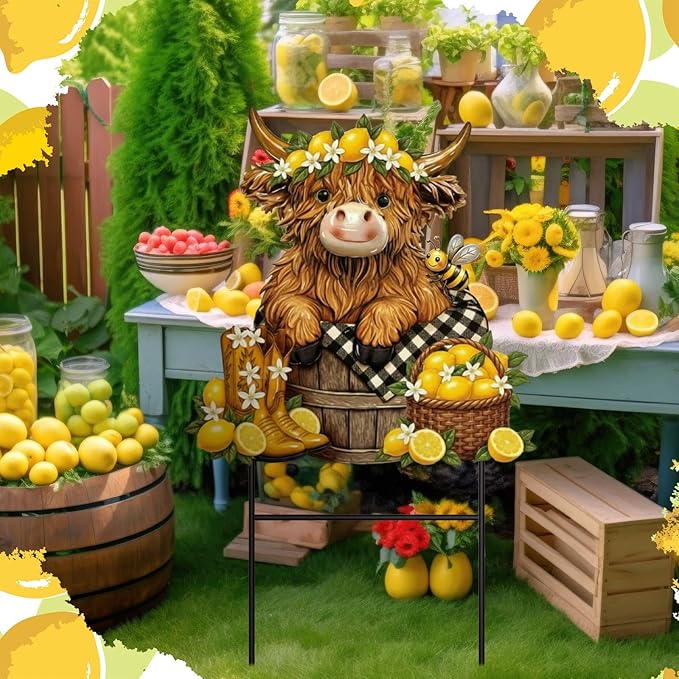 Amyhill Lemon Highland Cow Outdoor Decor Summer Lemon Garden Metal Stakes Decorative Highland Calf Lovers Yard Signs with Stakes for Summer Farmhouse Holiday Garden Lawn Decor