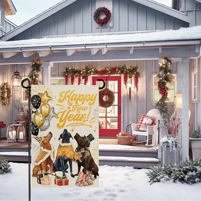 Happy New Year Garden Flag 12 X 18 Inch Double Sided Winter Cute Dogs Balloon Yard Garden Flags for Outside Outdoor Yard Party New Year Decoration