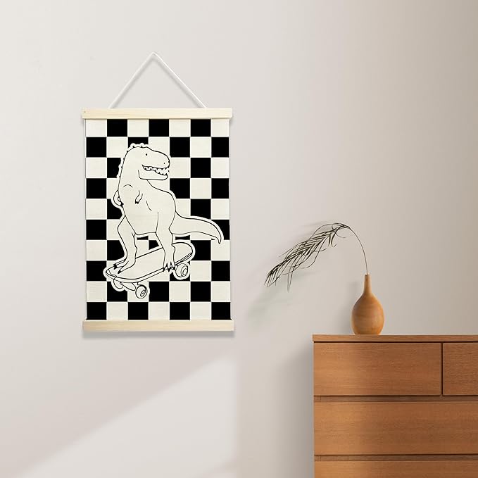 Skateboarding Dinosaur Wall Art, Checkered Black and White Kids Room Decor, Cool Poster for Boys Bedroom or Playroom, 12x17 Inch Canvas Hanging (135)