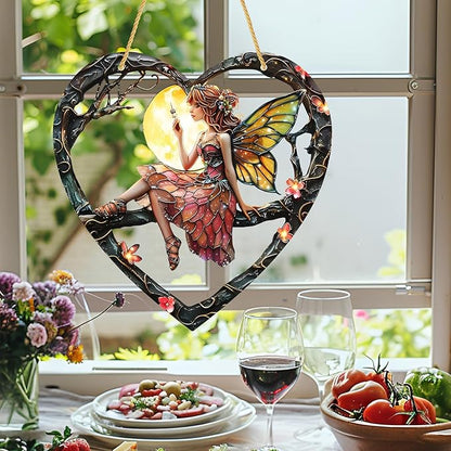 1PC Flower Fairy Acrylic Stained Glass Suncatcher Nature Heart-Shaped Magic and Butterfly Girls Suncatcher Hanging Decoration with Cord SunCatchers for Window Decor Outdoor Garden Decor Gift (red)