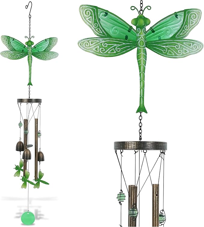 CoTa Global Green Garden Dragonfly Wind Chime - Handmade Glass and Metal Chime - Hanging Decor - Colorful Home Decor Gift, Indoor and Outdoor Hanging Decoration for Porch, Patio, and Garden - 35 Inch