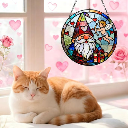 Funoasis Stained Glass Window Hanging Suncatcher - 6.3 Inches Cupid's Arrow of Love and Gnome Ornaments Sun Catcher Home Decor Valentine's Day Gift