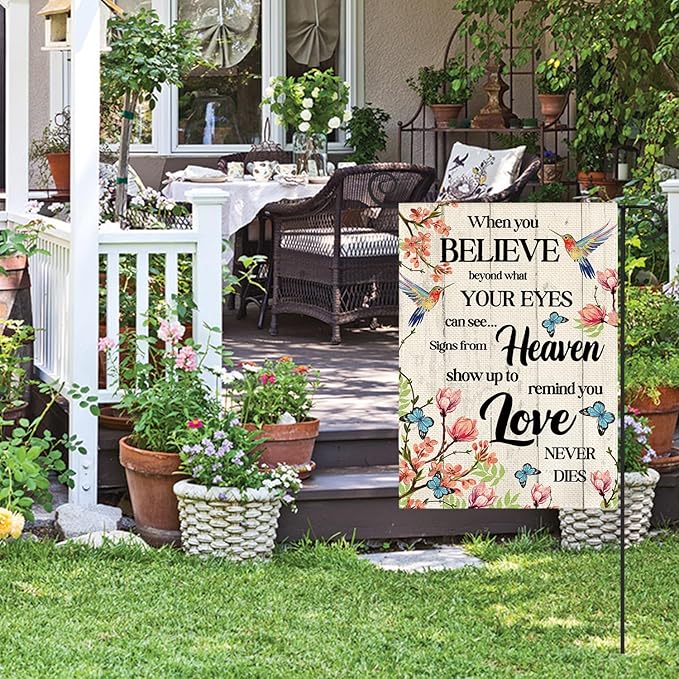 AVOIN colorlife Hummingbird Memorial Garden Flag 12x18 Inch Double Sided Outside, Love Never Dies Memorial Day Gravesite Saying Spring Yard Outdoor Decoration