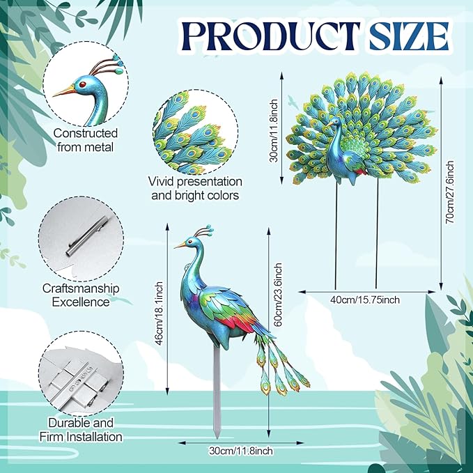 Frienda 2 Pack Peacock Statues for Garden Decor Yard Metal Sculpture Art Large Birds Animal Peacock for Outdoor Garden Patio Yard Backyard Home Decoration Housewarming Gift for Women Mom Grandma