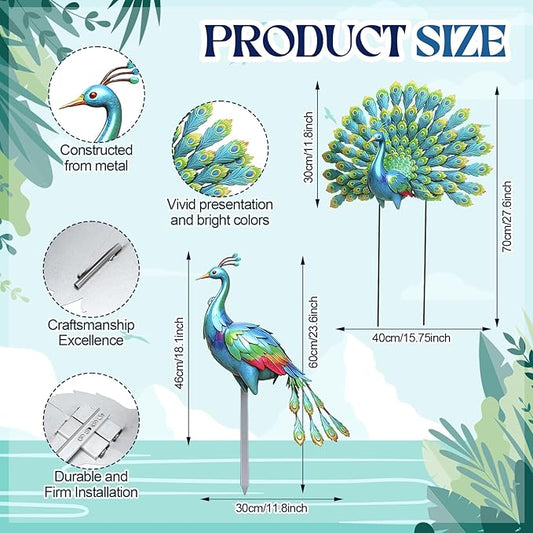 Frienda 2 Pack Peacock Statues for Garden Decor Yard Metal Sculpture Art Large Birds Animal Peacock for Outdoor Garden Patio Yard Backyard Home Decoration Housewarming Gift for Women Mom Grandma