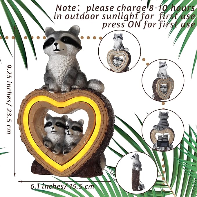 Thyle Solar Raccoon Family Garden Statue with Heart Light 9 Inch Raccoon Solar Lights Statue Outdoor Decor Windproof Waterproof for Outside Yard Garden Lawn Home Decor Mother Gifts for Women Mom