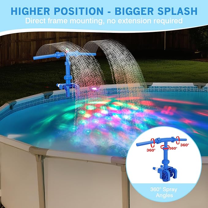 Pool Fountains for Above Ground Pools, Waterfall Sprinkler Fountain with Lights, 360°Adjustable Dual-Spray Cooler Aerator, Swimming Pool Accessories Fit 1.18in to 4.72in Top Frame