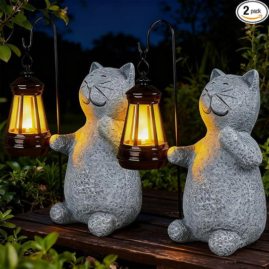 Solar Cat Garden Decor Outdoor Statues, Yard Art Lawn Ornaments, Outside Figurines Decorations for Home Patio Porch Balcony, Housewarming Gifts for Cat Lover (Two Packs)