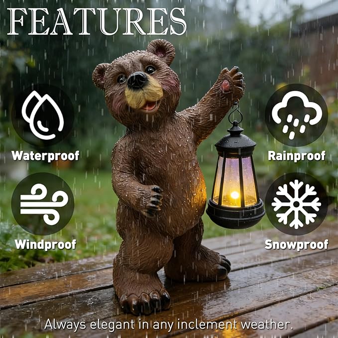 Solar Lantern Garden Statues Decor, 14" Large Outdoor Bear Figurine Lights for Yard Patio Decoration - Unique Christmas Housewarming Gifts for Grandma Wowen Mom Brown