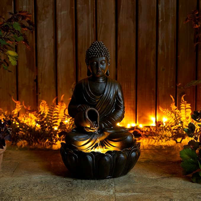 Glitzhome Buddha Statues 21" H, Zen Style Outdoor Buddha Fountian with LED Light & Pump, Outdoor Floor Freestanding Fountain Meditative Garden Buddha Sculptures & Statues for Garden Porch Lawn Decor