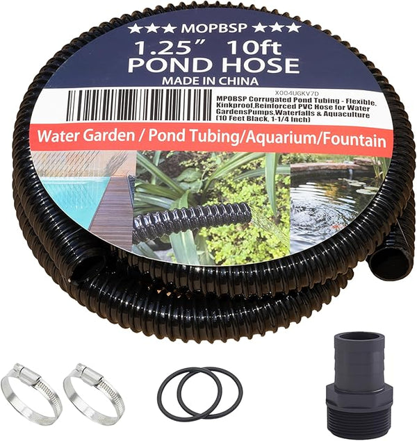 Corrugated Pond Tubing - Flexible, Kinkproof, Reinforced PVC Hose for Water Gardens, Pumps, Waterfalls & Aquaculture (10 Feet Black, 1-1/4 Inch)