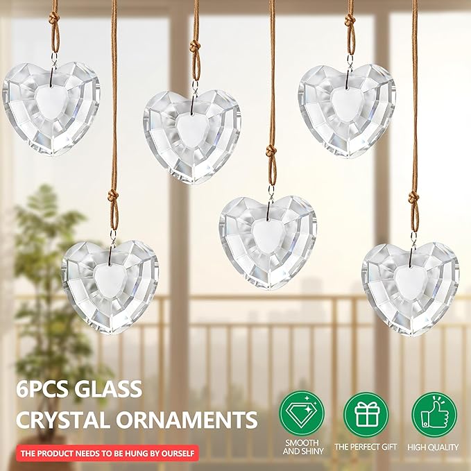 6pcs Clear Crystal Glass Heart Prisms Ornaments Valentines Heart Hanging Crystals Decor for Window Home Car Garden