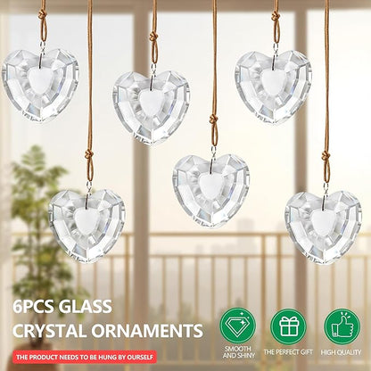 6pcs Clear Crystal Glass Heart Prisms Ornaments Valentines Heart Hanging Crystals Decor for Window Home Car Garden