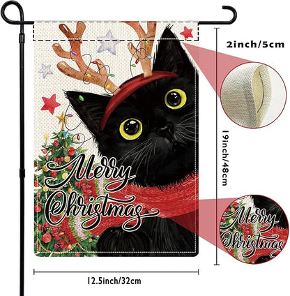 Black Cat Garden Flags for Outside Set of 12, Kitten Welcome Seasonal Garden Flags 12x18 Double Sided for All Seasons and Holidays, Fall Halloween Winter Christmas Yard Flag for Outdoor Decor