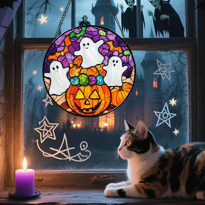 Stained Glass Window Hanging Halloween Horror Pumpkin White Ghost 11.8" - Suncatcher Door Garden Sunroom Gothic Style Sun Catcher Birthday for Friend Mom Men Woman Nana