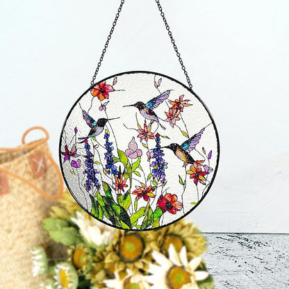Hummingbirds and Wild Flowers Stained Glass Suncatcher, Handmade Window Hanging Wall Art with Chain, Real Glass Indoor Home Decor, Unique Sun Catcher Gift for Women, 7.8”
