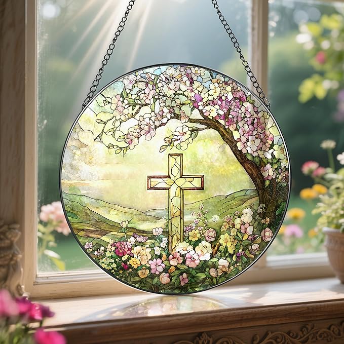 8'' Christian Cross Ornament, Stained Glass Window Hanging, Sun Catcher Window Decor, Christian Faith Home Decor, Gifts for Christmas, Cross Gifts for Religious