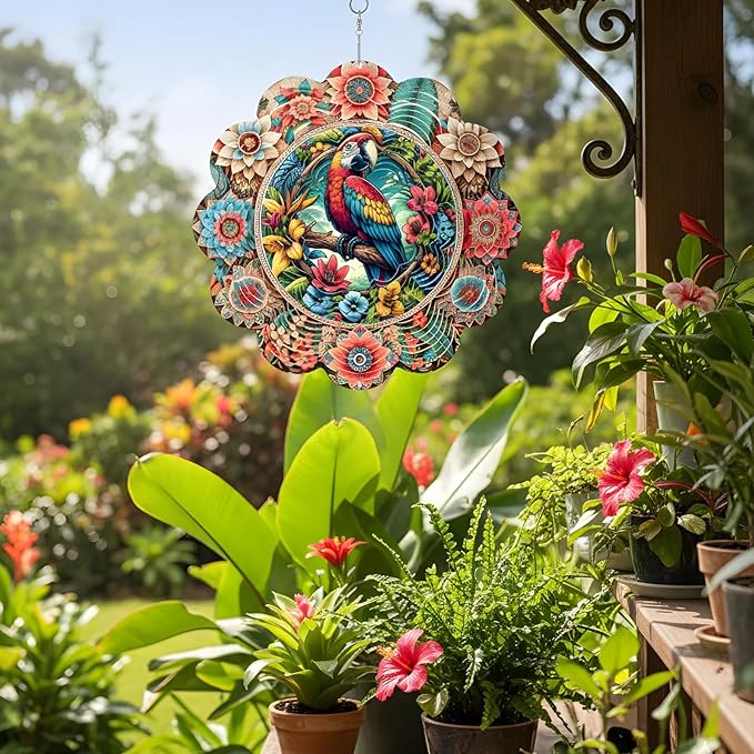 12 Inch 3D Kinetic Wind Spinner for Garden and Yard, Laser-Cut Stainless Steel, Mesmerizing Hanging Decor for Outdoor Patio & Indoor, Vivid Macaw-01