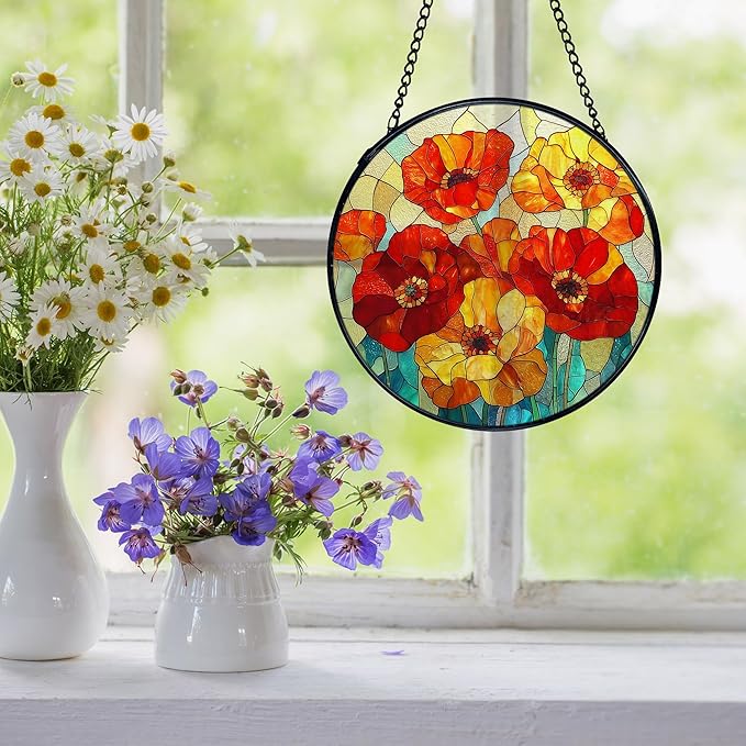 Poppy Flower Suncatcher Stained Glass Window Hanging, Poppy Flower Gifts Sun Catchers Indoor Window Glass Wall Art Decor, Floral Wall Hanging Decor Decorations, 7.9x7.9 Inch 032-MH-BLGH
