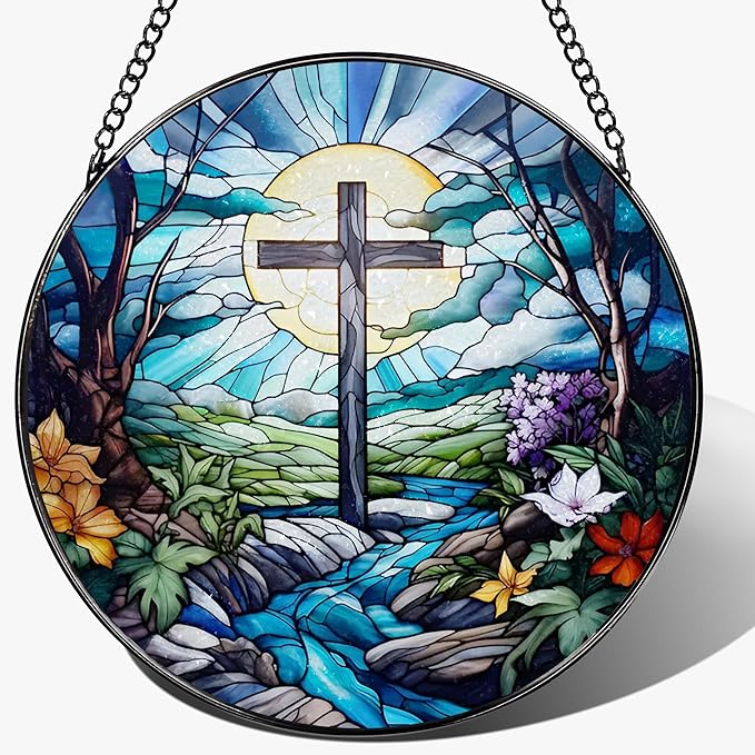 8 Inch Cross Stained Glass Suncatcher - Stained Glass Window Hanging, Sun Catchers Indoor Window, Christian Decor, Window Decor Hanging | Christian Gifts, Religious Gifts, Baptism Gift