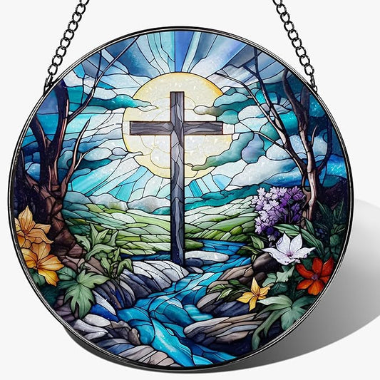 8 Inch Cross Stained Glass Suncatcher - Stained Glass Window Hanging, Sun Catchers Indoor Window, Christian Decor, Window Decor Hanging | Christian Gifts, Religious Gifts, Baptism Gift