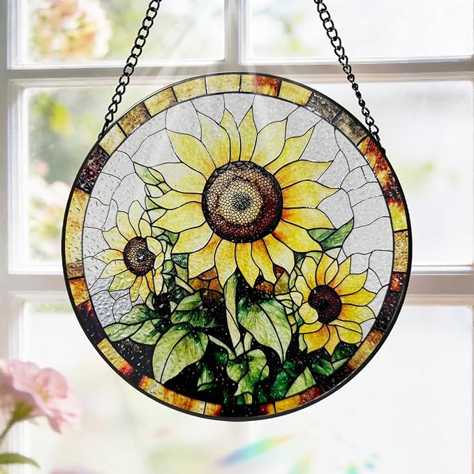 Stained Glass Window Hanging, 8 Inch Sunflower Suncatcher, Sun Catchers Indoor Window, Suncatchers for Windows Hanging, Spring Home Garden Decor Panel Mothers Day Birthday Gifts for Mom Grandma Friend
