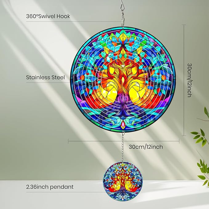Wind Spinners Outdoor Colorful Tree of Life, 12 inch Laser Cut Metal Art Geometric Pattern Wind Spinners Decor Birthday Gifts for Women, Mom - Hanging Kinetic for Yard, Garden, Patio, Outdoor