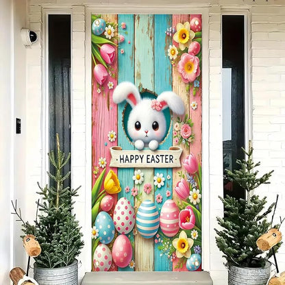 Happy Easter Door Cover Decoration Easter Eggs Bunny Door Banner Backdrop Photography Welcome Spring Outdoor Indoor Home Decors Supplies Party Decorations 70.8 x 35.4 inch