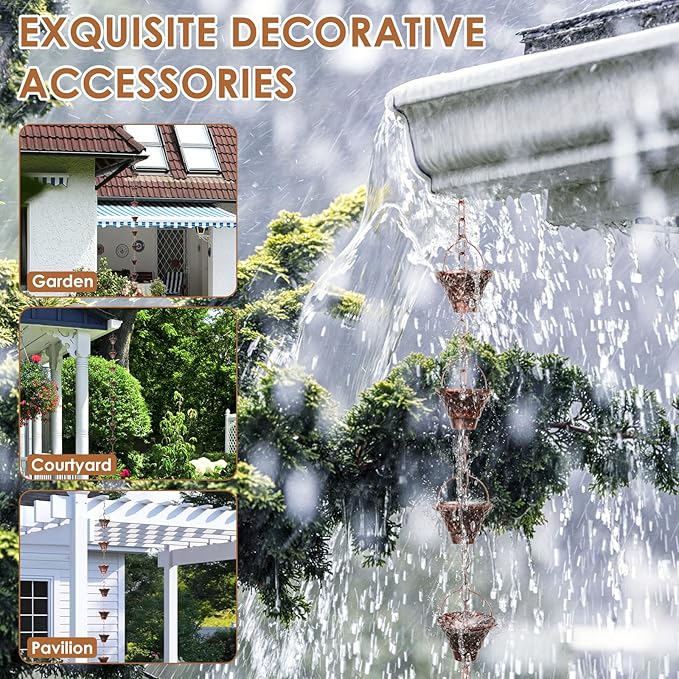 Rain Chains for Gutters, Outside Downspouts Metal Rain Catcher Diverter, 8.5 Ft Retro Rain Chain Decorative with Hook and 12 Metal Cups for Windowsill Garden Patio