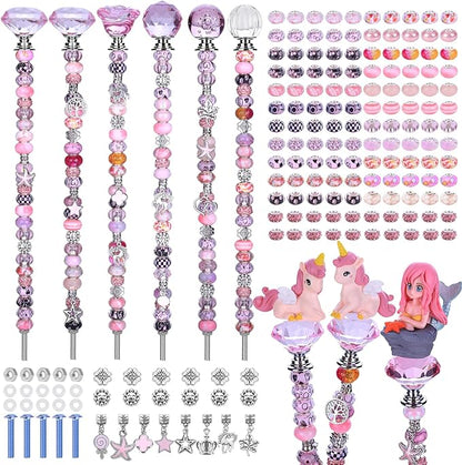 AIPRIDY 158 Pcs DIY Fairy Wand Garden Stakes Kit,Multiple Color Scheme European Beads Crystal Diamond Tops and 12 or 10 Inch Threaded Rods,Stainless Steel Stakes with Diamond Toppe(Pink)