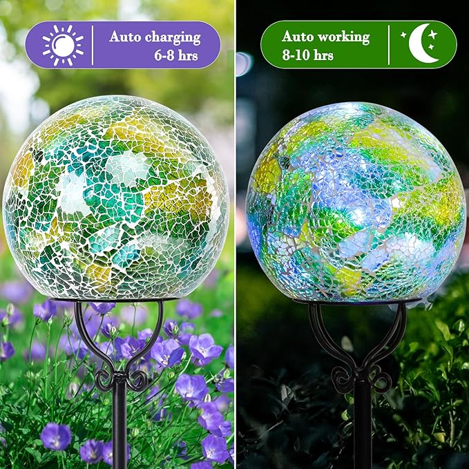 Solar Lights Outdoor Decorative Solar Mosaic Garden Stakes Cracked Glass Decorative Waterproof Outdoor Lights for Landscape Patio Yard Walkway Decoration Green