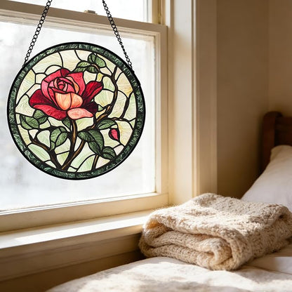 Stained Glass Window Hanging, Red Rose Flowers Sun Catcher for Door Garden Home Decor Suncatcher Christmas Mother's Day Birthday Gifts for Women Lovers Men Wife Girlfriend Mom Nana 7.8 in