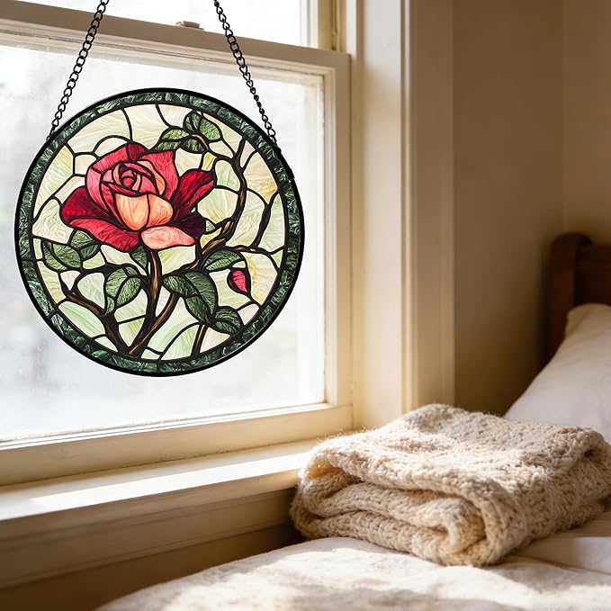 Stained Glass Window Hanging, Red Rose Flowers Sun Catcher for Door Garden Home Decor Suncatcher Christmas Mother's Day Birthday Gifts for Women Lovers Men Wife Girlfriend Mom Nana 15 in