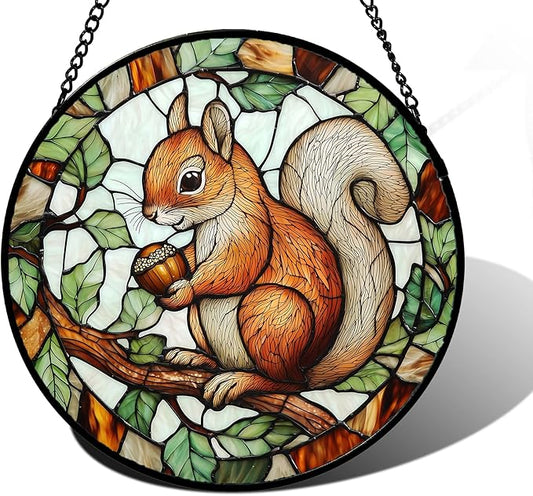 DASTOLL Stained Glass Window Hanging, Squirrel on a Branch Suncatcher Diamond Glass Panel Animal Sun Catchers Decor for Birthday for Women, Men, Wife, Aunt, and Mom 6.3 in