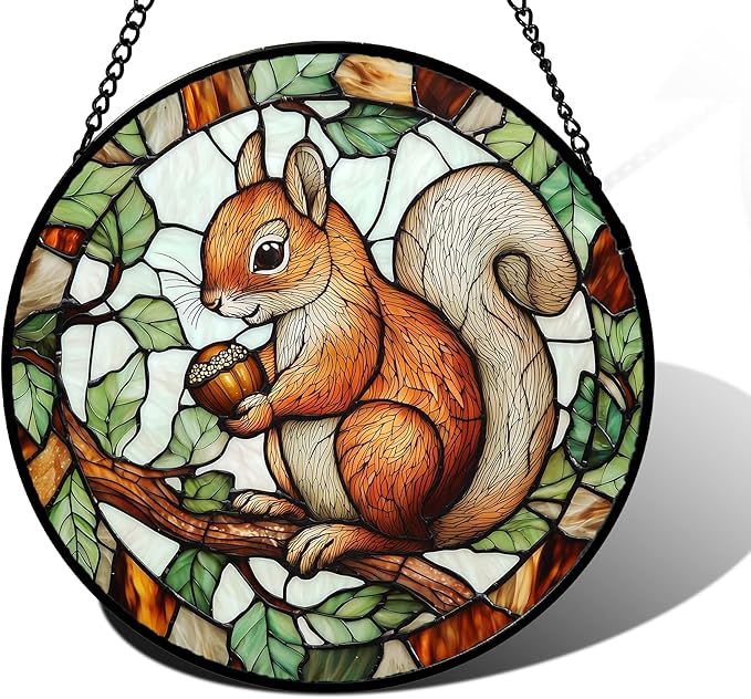 DASTOLL Stained Glass Window Hanging, Squirrel on a Branch Suncatcher Diamond Glass Panel Animal Sun Catchers Decor for Birthday for Women, Men, Wife, Aunt, and Mom 9.8 in