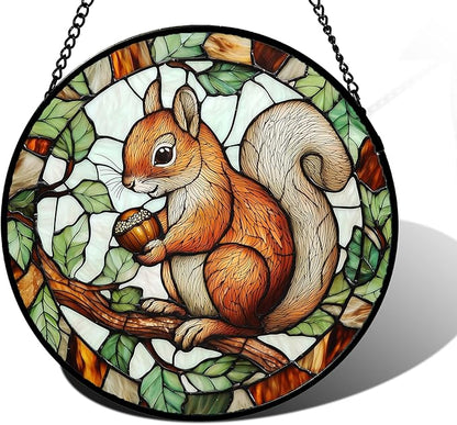 DASTOLL Stained Glass Window Hanging, Squirrel on a Branch Suncatcher Diamond Glass Panel Animal Sun Catchers Decor for Birthday for Women, Men, Wife, Aunt, and Mom 9.8 in