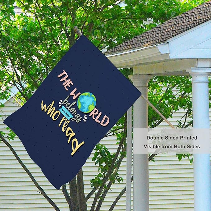 Mugod The World Belongs Who Read House Flag Double Sided 28 x 40, Knowledge Motivational Quote Word Navy Blue Burlap Large Flag House Seasonal Farmhouse Outside Outdoor Decoration