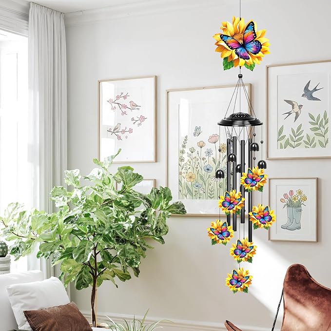 YHmall Sunflower Butterfly Gifts for Women, 35 in Wind Chimes for Outside Mothers Day Gardening Gifts for Mom Colorful Metal Memorial Wind Chime Butterfly Decor for Home Yard Patio Garden Outdoor